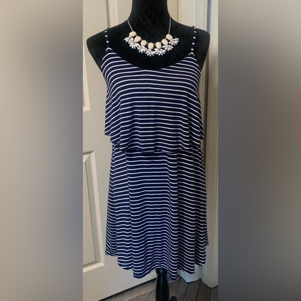American Eagle Navy Blue & White Striped Spaghetti Strap Tiered Ruffle Sundress